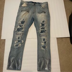 Distressed Blue Jeans Saint Sinner Focus 38x32 Fire Rhinestone Streetwear Y2K